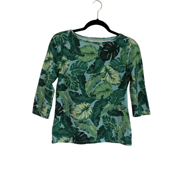 Talbots Petite Women P Blue Green Isle Fronds Preppy 3/4 Sleeve Bateau Neck Tee - Picture 2 of 9